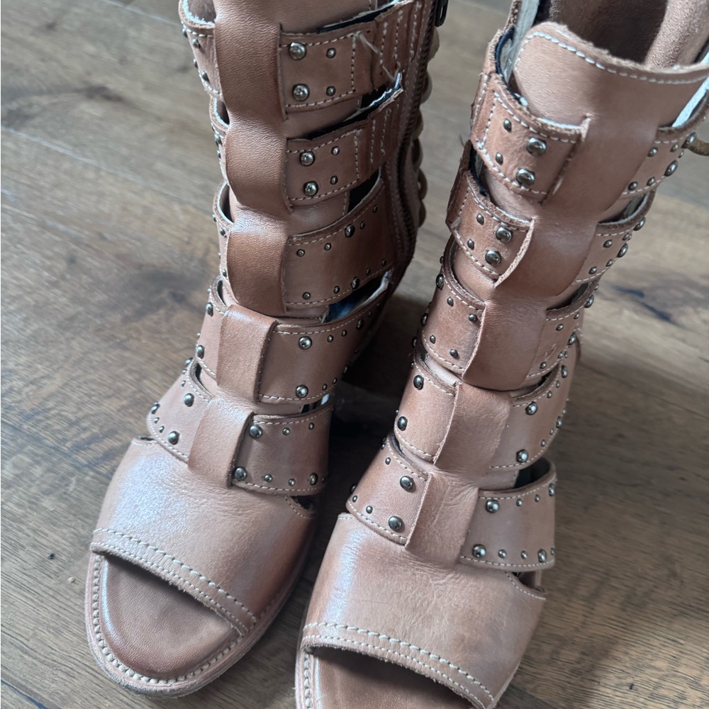 Freebird Ghost Studded Tan Gladiator Sandals - Women